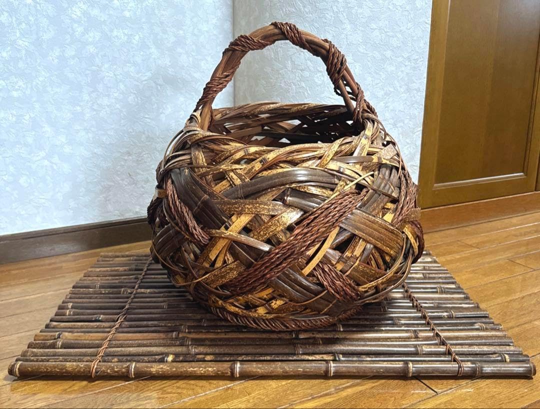 大分伝統工芸品 竹製かご 花器 竹筒付き 竹花籠 あめ色 竹編手付花